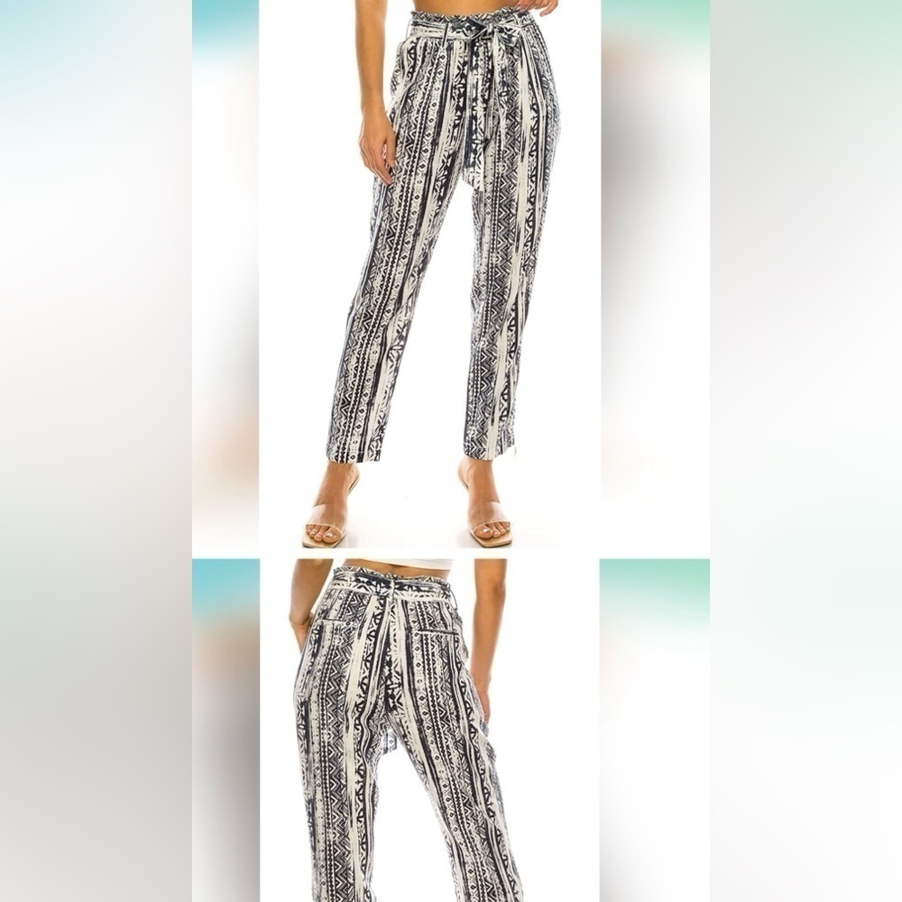 Cali 1850 linen blend high rise pants- blue and white-linen/viscose